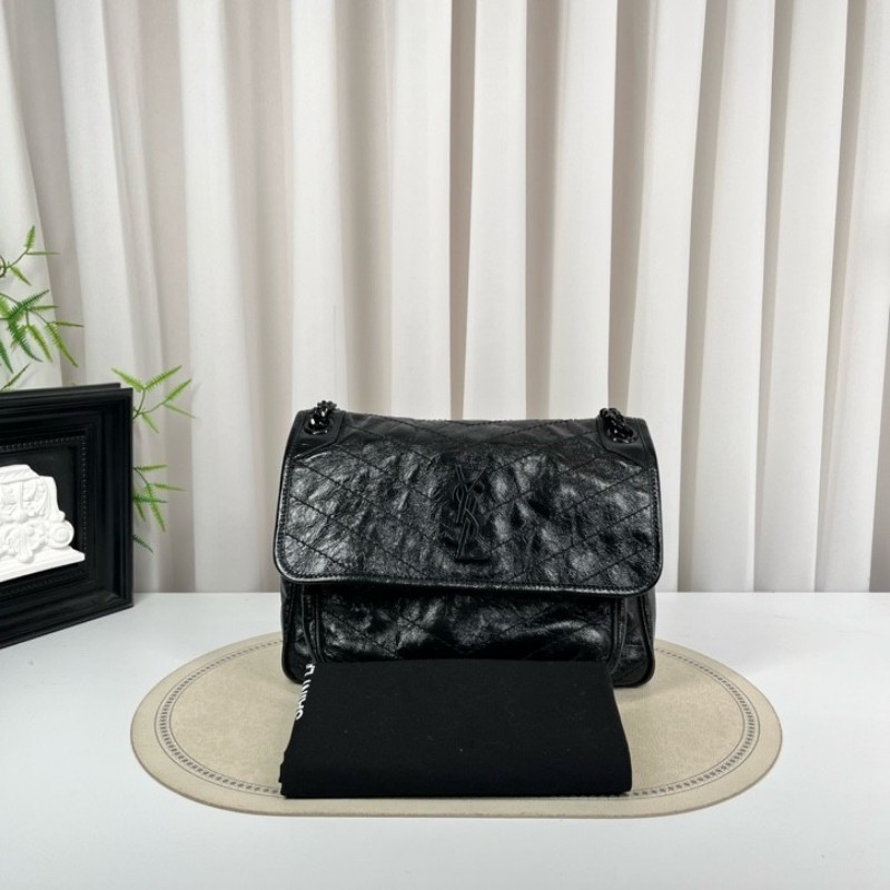 SAINT LAURENT聖羅蘭 Niki黑色小牛皮logo復古皺褶 鏈條包 可單肩手提 油蠟皮 上身效果超級美膩-0