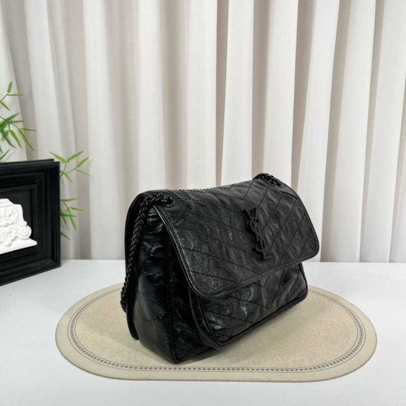 SAINT LAURENT聖羅蘭 Niki黑色小牛皮logo復古皺褶 鏈條包 可單肩手提 油蠟皮 上身效果超級美膩-3