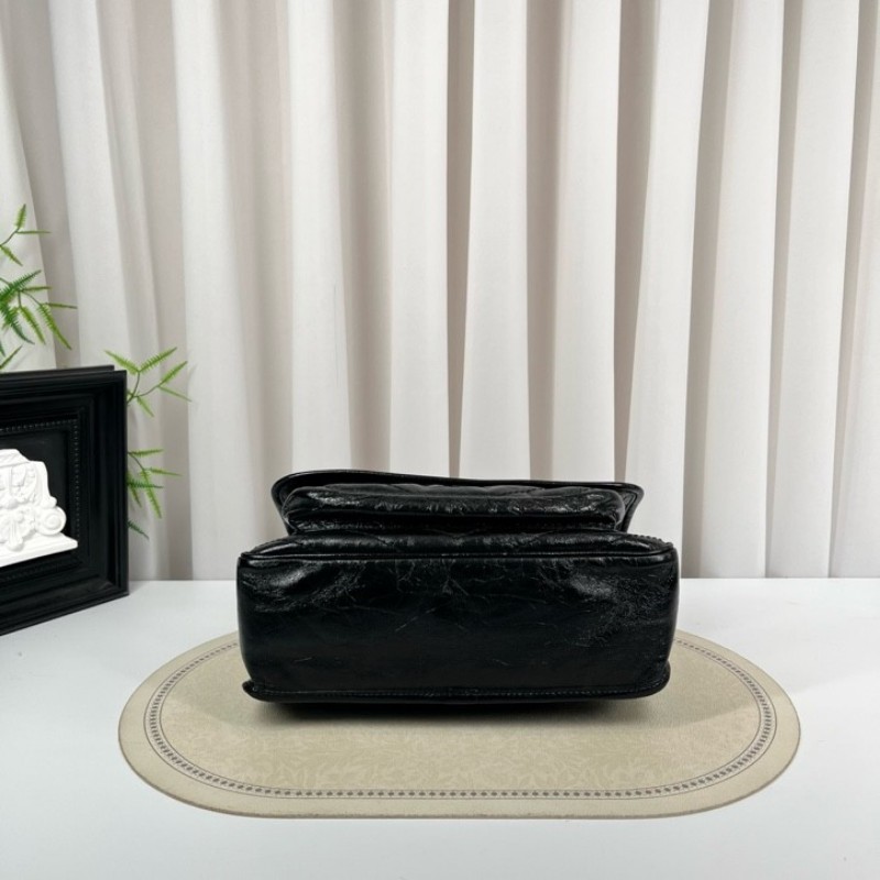 SAINT LAURENT聖羅蘭 Niki黑色小牛皮logo復古皺褶 鏈條包 可單肩手提 油蠟皮 上身效果超級美膩-4