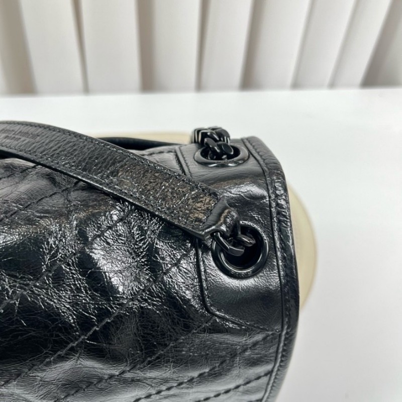 SAINT LAURENT聖羅蘭 Niki黑色小牛皮logo復古皺褶 鏈條包 可單肩手提 油蠟皮 上身效果超級美膩-8