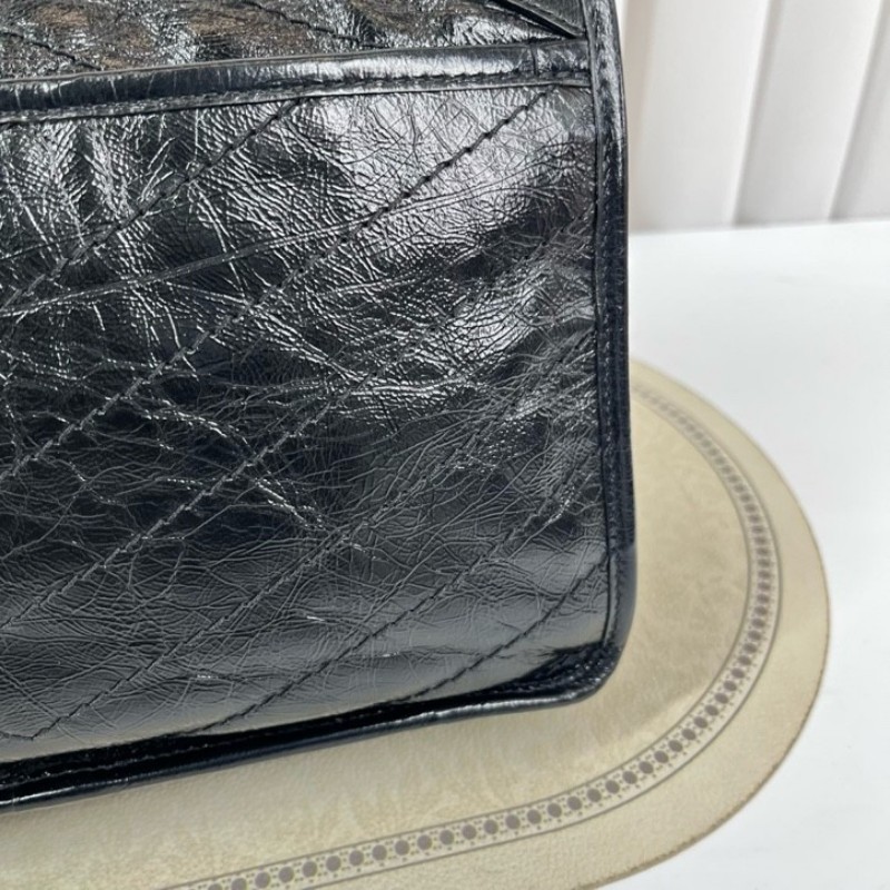 SAINT LAURENT聖羅蘭 Niki黑色小牛皮logo復古皺褶 鏈條包 可單肩手提 油蠟皮 上身效果超級美膩-13