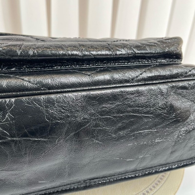 SAINT LAURENT聖羅蘭 Niki黑色小牛皮logo復古皺褶 鏈條包 可單肩手提 油蠟皮 上身效果超級美膩-14