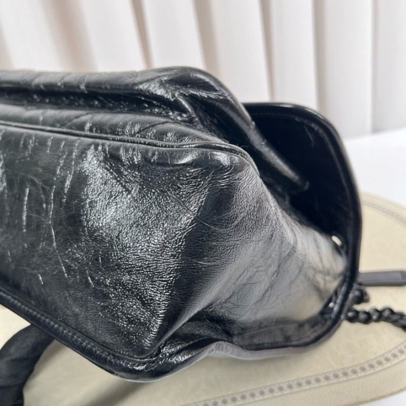 SAINT LAURENT聖羅蘭 Niki黑色小牛皮logo復古皺褶 鏈條包 可單肩手提 油蠟皮 上身效果超級美膩-15