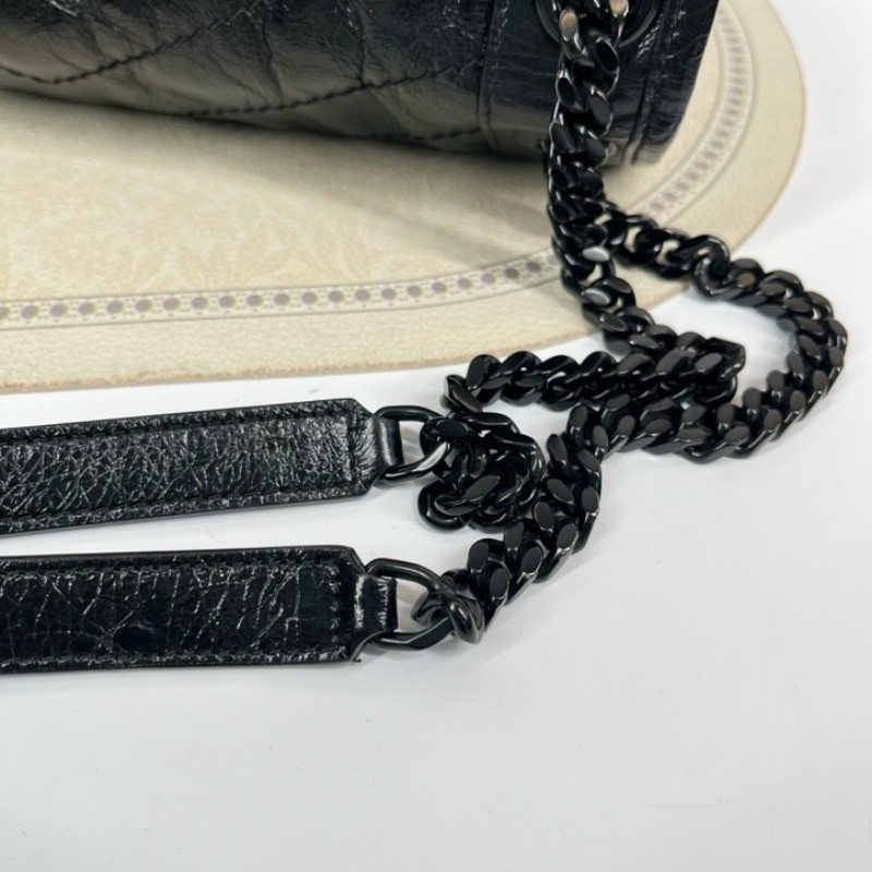 SAINT LAURENT聖羅蘭 Niki黑色小牛皮logo復古皺褶 鏈條包 可單肩手提 油蠟皮 上身效果超級美膩-18