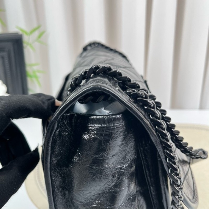 SAINT LAURENT聖羅蘭 Niki黑色小牛皮logo復古皺褶 鏈條包 可單肩手提 油蠟皮 上身效果超級美膩-19