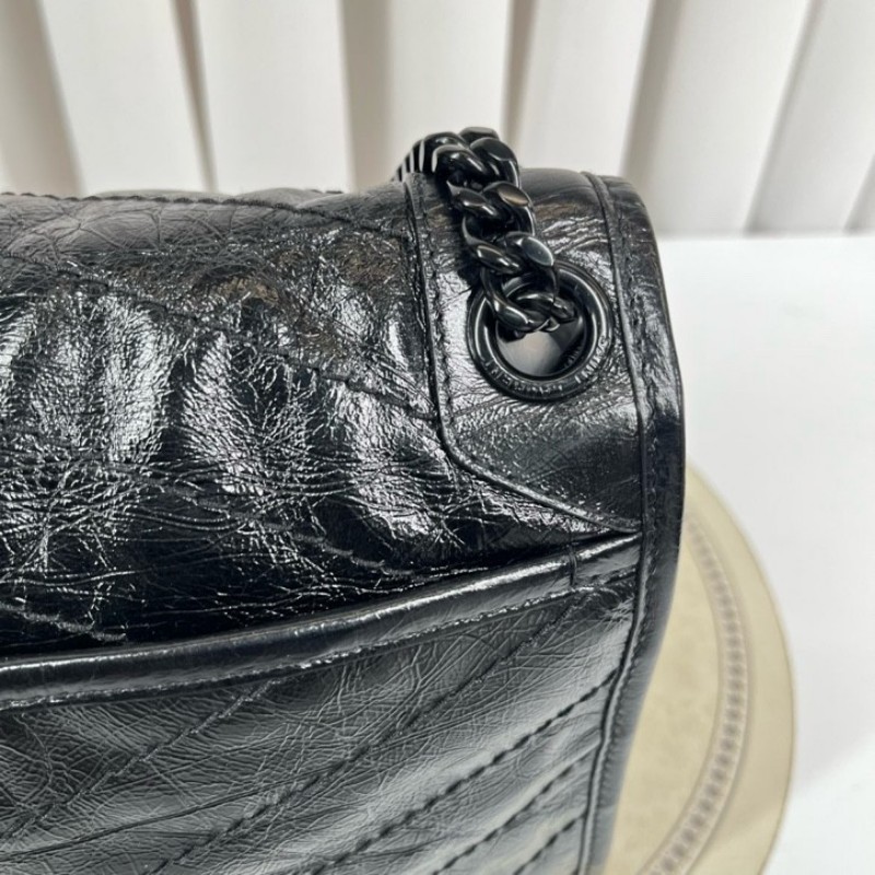 SAINT LAURENT聖羅蘭 Niki黑色小牛皮logo復古皺褶 鏈條包 可單肩手提 油蠟皮 上身效果超級美膩-20