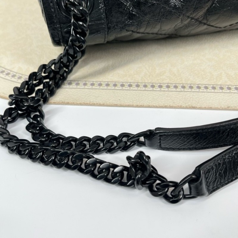 SAINT LAURENT聖羅蘭 Niki黑色小牛皮logo復古皺褶 鏈條包 可單肩手提 油蠟皮 上身效果超級美膩-22