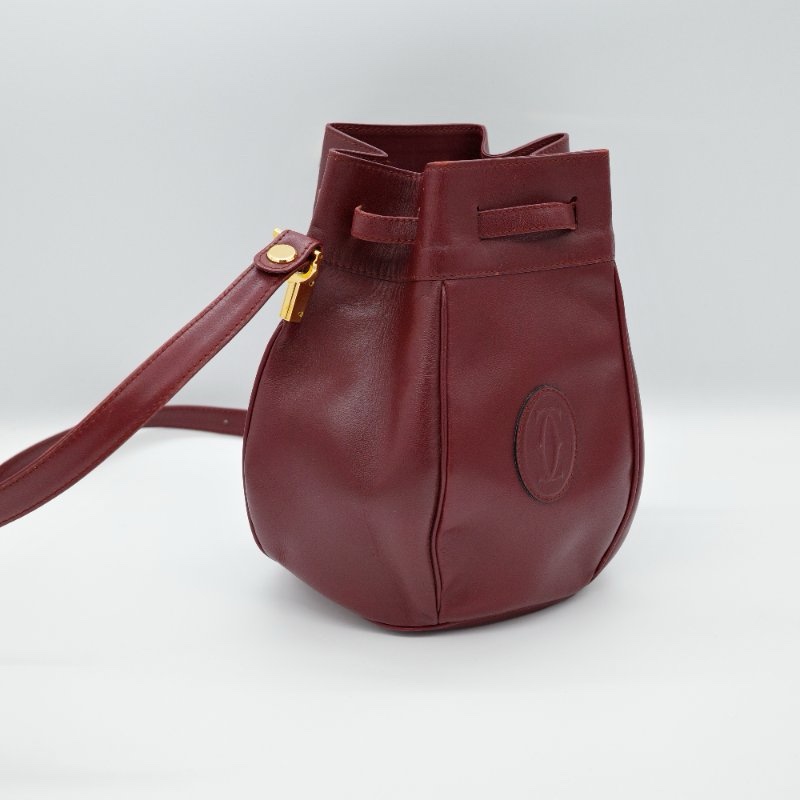✨超新 Cartier 卡地亞 酒紅色牛皮 狀況超好 經典 Logo 復古南瓜 水桶包 斜挎包 單肩包-2