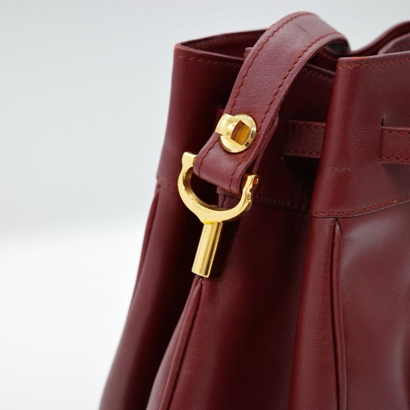 ✨超新 Cartier 卡地亞 酒紅色牛皮 狀況超好 經典 Logo 復古南瓜 水桶包 斜挎包 單肩包-7