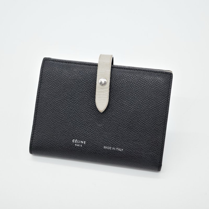 Celine 思琳 Strap Wallet 黑色 牛皮 中夾 長夾 短夾 拼色 Celine黑拼杏兩折中夾-0