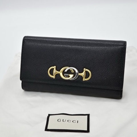 ✨三折出售！Gucci 古馳 Zumi 雙色馬銜鍊雙G設計 黑色 牛皮 釦式長夾