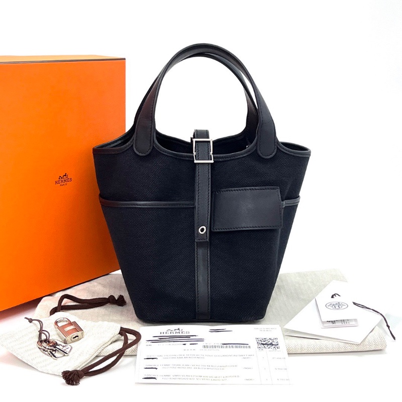 HERMES 黑銀 Cargo菜籃子18手提包18*18*14 98新配件盒子塵袋購證吊牌鎖鑰匙-1