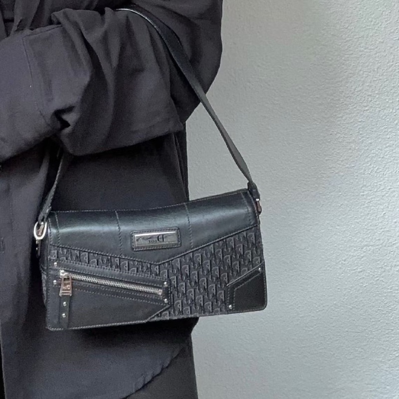 Dior 老花中古punk腋下包 黑銀 老花刺繡拼皮30*16*3 98新配件塵袋保卡-0