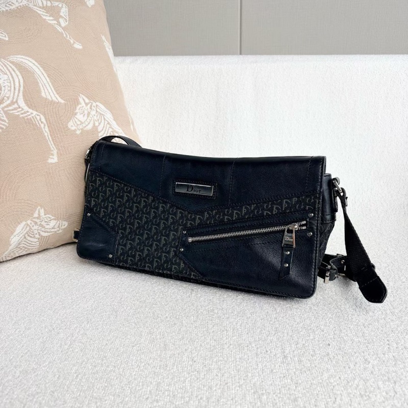 Dior 老花中古punk腋下包 黑銀 老花刺繡拼皮30*16*3 98新配件塵袋保卡-5