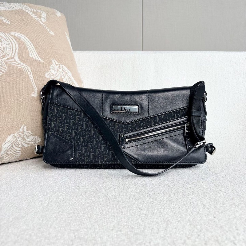 Dior 老花中古punk腋下包 黑銀 老花刺繡拼皮30*16*3 98新配件塵袋保卡-6