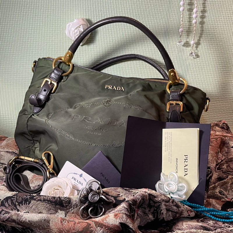 PRADA Tessuto 軍綠尼龍拼真皮手提包  //有購單-1