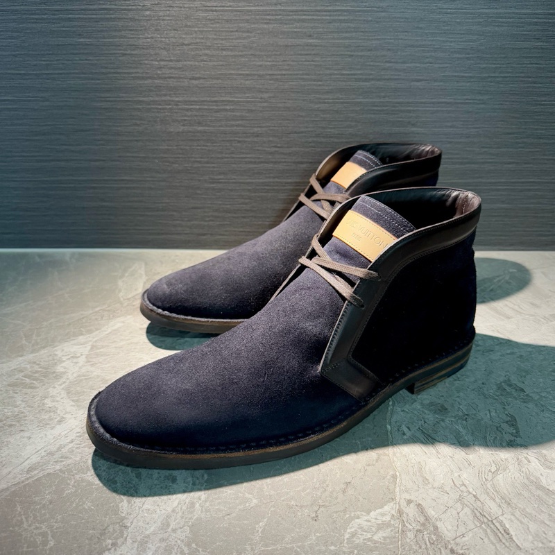 98新lv高端男鞋 藏藍色麂皮拼接休閒奢華短靴 42碼=8碼-7