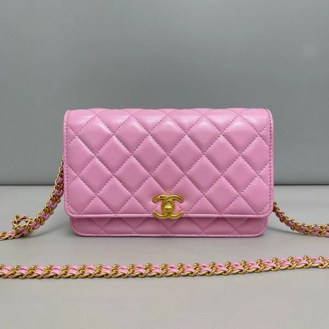 Chanel香奈兒 粉紫色全皮菱格雙鏈條woc 芯片