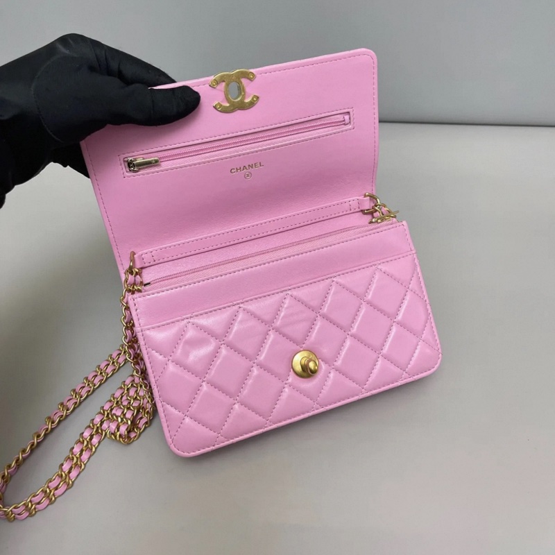 Chanel香奈兒 粉紫色全皮菱格雙鏈條woc 芯片-6