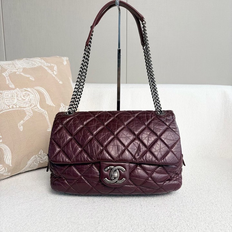 Chanel 孟買系列鏈條包 酒紅色銀扣 油蠟皮31*20*8cm 98新配件塵袋-1