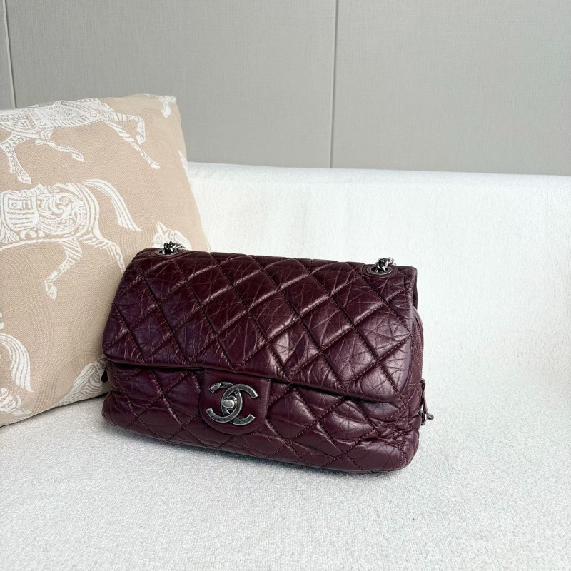Chanel 孟買系列鏈條包 酒紅色銀扣 油蠟皮31*20*8cm 98新配件塵袋-5