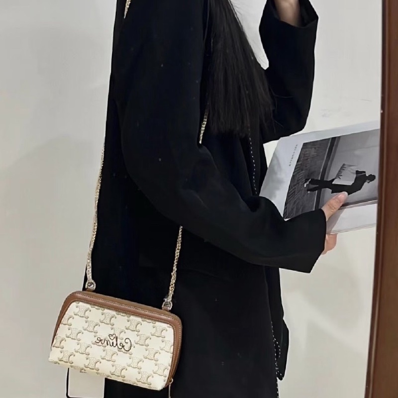 Celine 老花凱旋門貝殼包 白色牛皮16*11*8 98新配件盒子塵袋鏈條-0