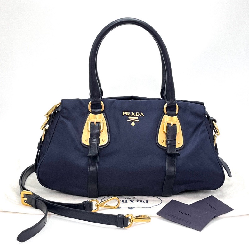 PRADA 藏青色尼龍手提肩背斜背包36*21*10 98新配件塵袋-1
