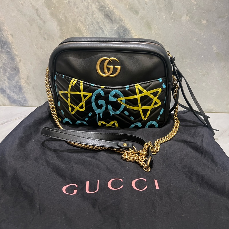 Gucci Marmont系列星星塗鴉款牛皮斜背相機包-0