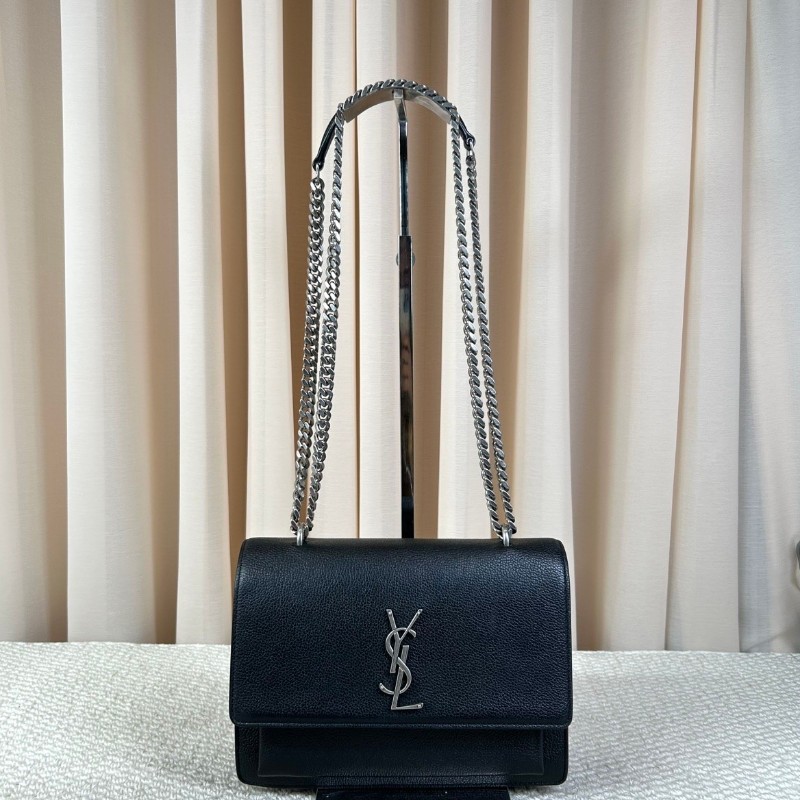 ghh bj ZZZ  YSL聖羅蘭日落黑銀風琴鏈條包 經典黑銀配色 牛皮材質 鏈條肩帶 容量實用 日常通勤出門都很百搭 可單肩可斜挎-0