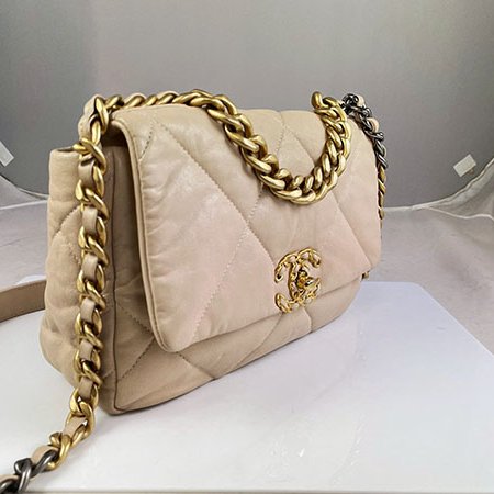 ＊奢華大道國際精品＊【CH0721】CHANEL 奶茶色小羊皮 金釦19系列 口蓋兩用包 AS1160-1