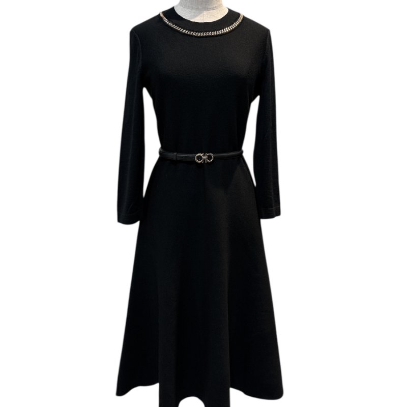 Ferragamo經典黑色長袖洋裝-M-0