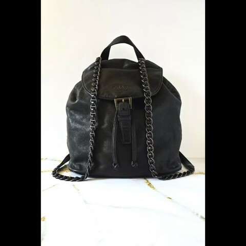 【LA LUNE】稀有古董包 Prada黑銀皮革鏈子雙肩包 後背包 背囊 中古包 二手包