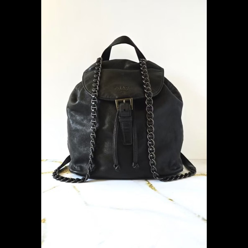 【LA LUNE】稀有古董包 Prada黑銀皮革鏈子雙肩包 後背包 背囊 中古包 二手包-0