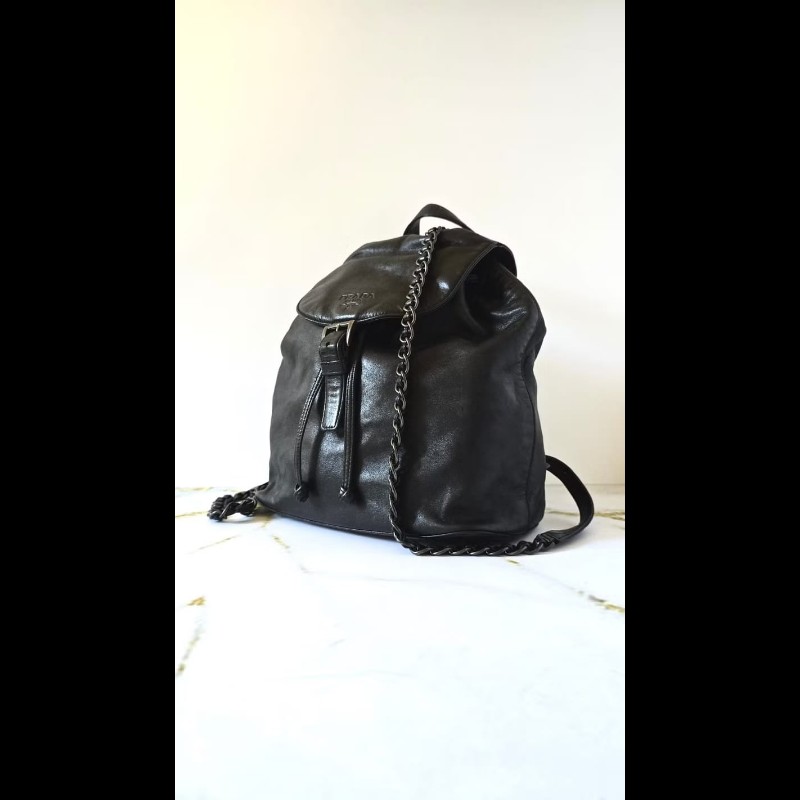 【LA LUNE】稀有古董包 Prada黑銀皮革鏈子雙肩包 後背包 背囊 中古包 二手包-1