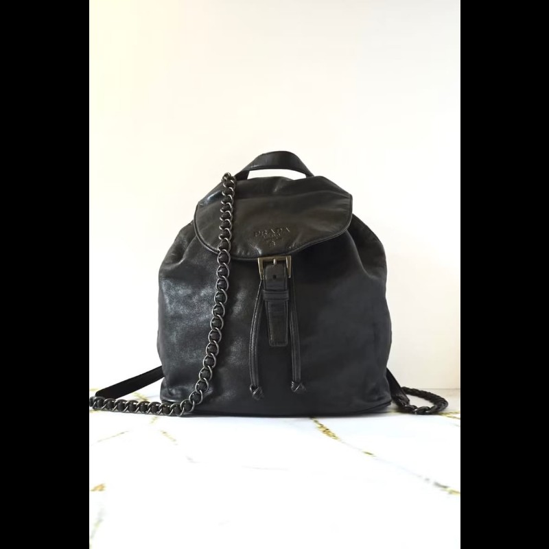 【LA LUNE】稀有古董包 Prada黑銀皮革鏈子雙肩包 後背包 背囊 中古包 二手包-2
