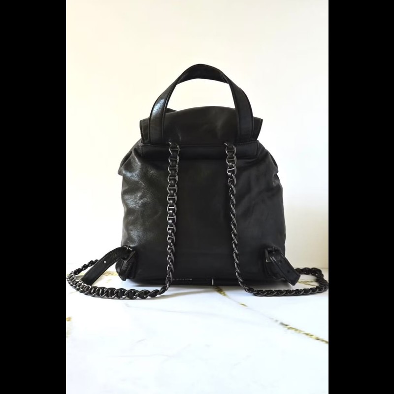 【LA LUNE】稀有古董包 Prada黑銀皮革鏈子雙肩包 後背包 背囊 中古包 二手包-6
