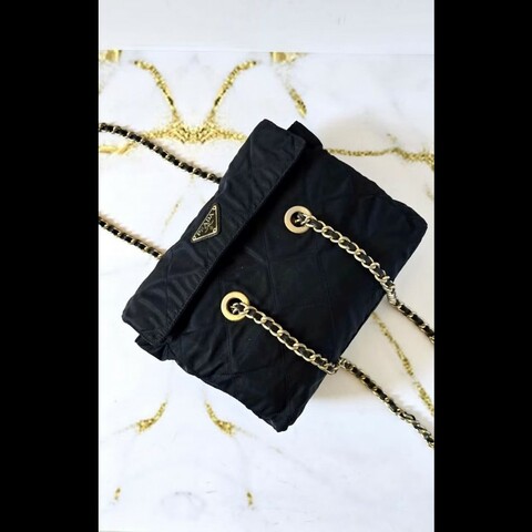 【LA LUNE】絕版古董包 稀有Prada黑色降落傘鏈子側背包 單肩包 斜背包 中古