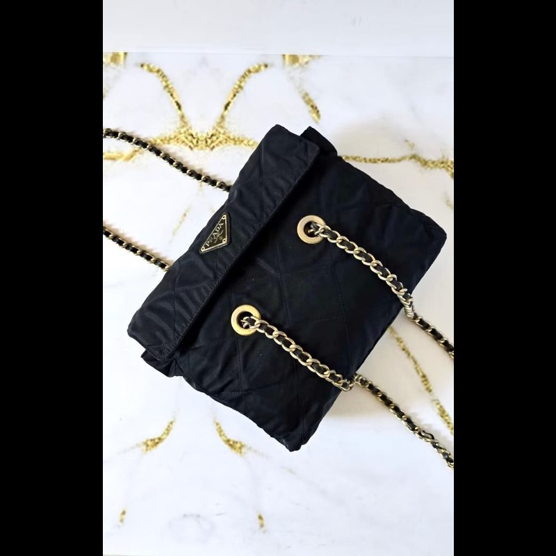 【LA LUNE】絕版古董包 稀有Prada黑色降落傘鏈子側背包 單肩包 斜背包 中古-0