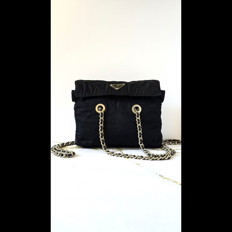 【LA LUNE】絕版古董包 稀有Prada黑色降落傘鏈子側背包 單肩包 斜背包 中古-4