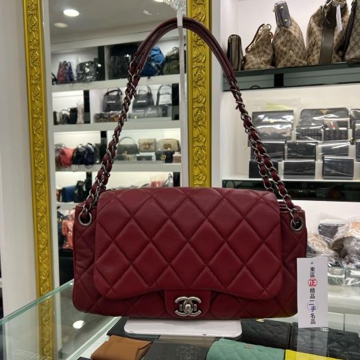 東區正精品㊣CHANEL 香奈兒酒紅色菱格紋羊皮銀釦三層掀蓋肩背包風琴包斜背包 RZ4368-0