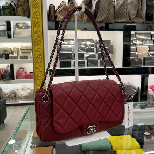 東區正精品㊣CHANEL 香奈兒酒紅色菱格紋羊皮銀釦三層掀蓋肩背包風琴包斜背包 RZ4368-1