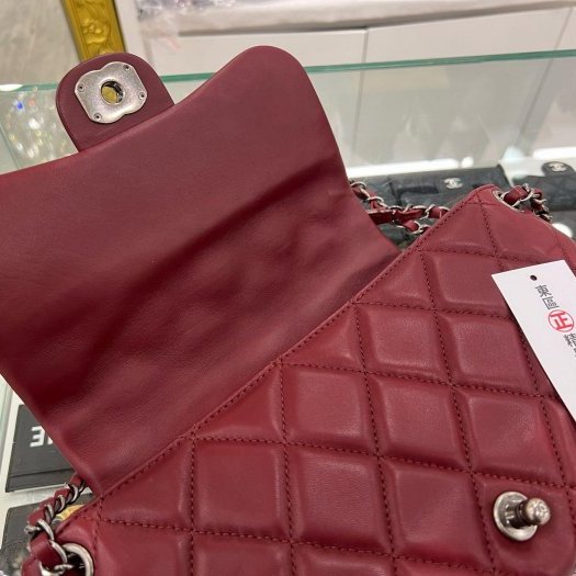 東區正精品㊣CHANEL 香奈兒酒紅色菱格紋羊皮銀釦三層掀蓋肩背包風琴包斜背包 RZ4368-4