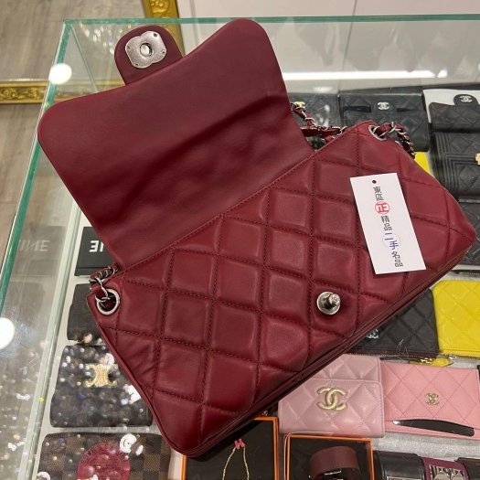 東區正精品㊣CHANEL 香奈兒酒紅色菱格紋羊皮銀釦三層掀蓋肩背包風琴包斜背包 RZ4368-5