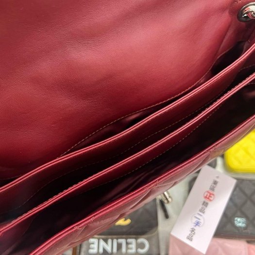 東區正精品㊣CHANEL 香奈兒酒紅色菱格紋羊皮銀釦三層掀蓋肩背包風琴包斜背包 RZ4368-6