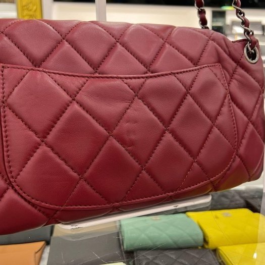 東區正精品㊣CHANEL 香奈兒酒紅色菱格紋羊皮銀釦三層掀蓋肩背包風琴包斜背包 RZ4368-8