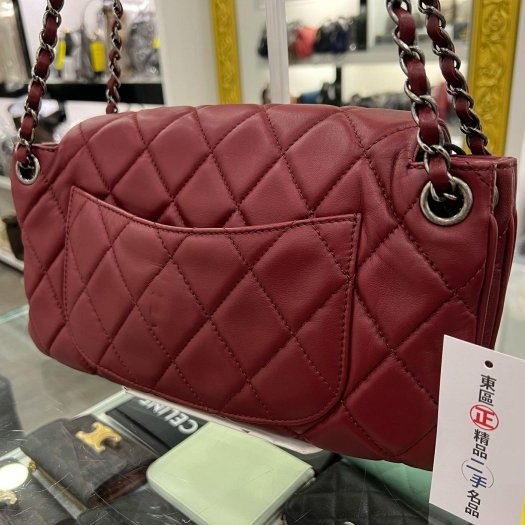 東區正精品㊣CHANEL 香奈兒酒紅色菱格紋羊皮銀釦三層掀蓋肩背包風琴包斜背包 RZ4368-9