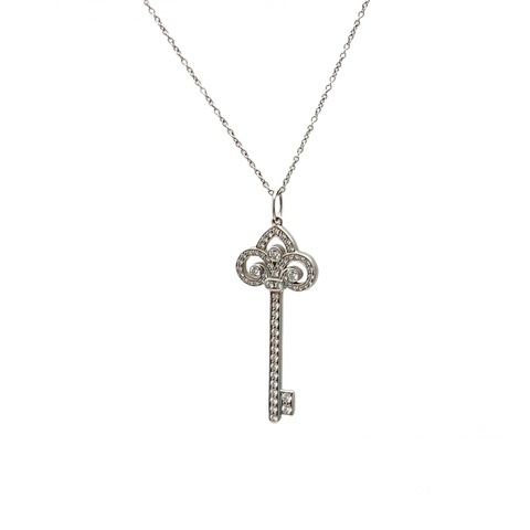 TIFFANY&CO 鳶尾花鑰匙項鏈FleurdeLis中號3.8cm滿鑽18K白金/鑽石/pt950