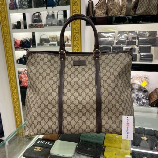 東區正精品㊣GUCCI 201482 PVC拼咖啡皮邊拉鍊手提包托特包 RZ4364-0