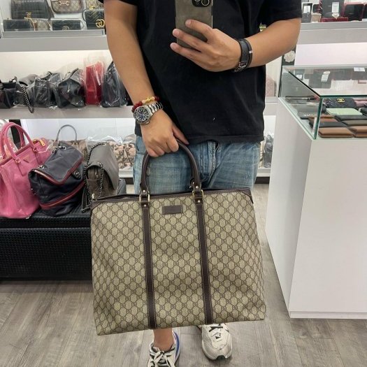 東區正精品㊣GUCCI 201482 PVC拼咖啡皮邊拉鍊手提包托特包 RZ4364-1
