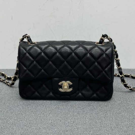 香奈兒/Chanel 黑色金扣羊皮 大mini鏈條包-5